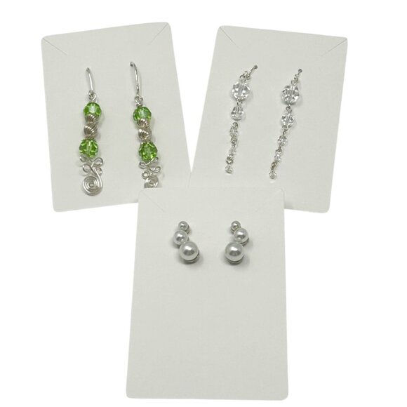 Earrings-3 Pair-Green & Silver Beaded Swirl, Pearl Stud, & Clear Crystal Dangle - Picture 1 of 5